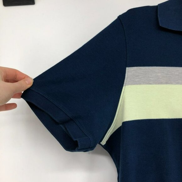 Banana Republic Dress Polo navy with yellow grey stripe men’s Large - Picture 4 of 15